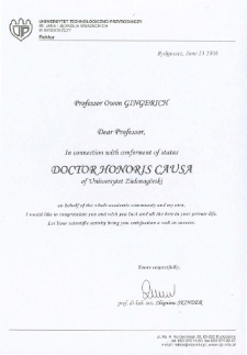 List gratulacyjny prof. J&oacute;zefa Skindera do profesora Owena Gingericha