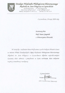 List gratulacyjny prof. Andrzeja J. Zakrzewskiego do profesora Owena Gingericha
