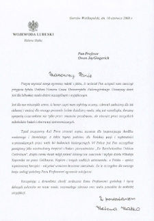 List gratulacyjny Heleny Hatki do profesora Owena Gingericha