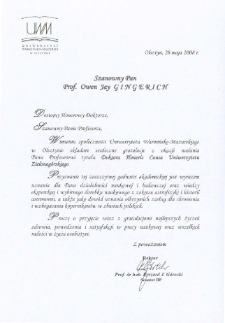 List gratulacyjny prof. Ryszarda Góreckiego do profesora Owena Gingericha