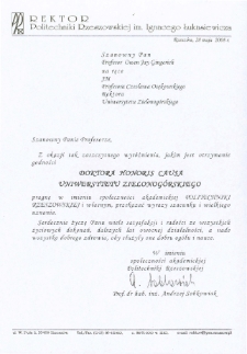 List gratulacyjny prof. Andrzeja Sobkowiaka do profesora Owena Gingericha