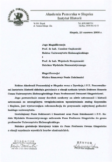 List gratulacyjny dr hab. Danuty Gierczyńskiej i dr. hab. Mariana Drozdowskiego do profesora Czesława Osękowskiego i dr. hab. Wojciecha Strzyżewskiego