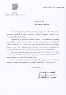 List gratulacyjny Krzysztofa Seweryna Szymańskiego do profesora Owena Gingericha
