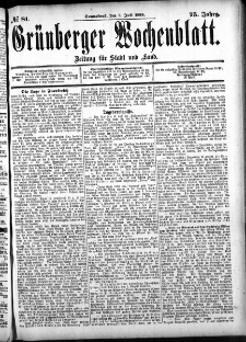 Gr&uuml;nberger Wochenblatt: Zeitung f&uuml;r Stadt und Land, No. 81. (8. Juli 1899)