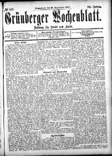 Gr&uuml;nberger Wochenblatt: Zeitung f&uuml;r Stadt und Land, No. 117. (30. September 1899)