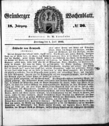 Gr&uuml;nberger Wochenblatt, No. 26. (1. Juli 1842)