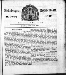 Gr&uuml;nberger Wochenblatt, No. 27. (8. Juli 1842)