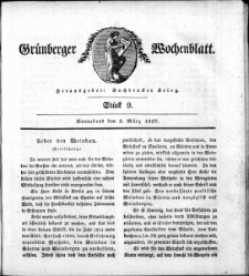 Gr&uuml;nberger Wochenblatt, St&uuml;ck 9. (3. M&auml;rz 1827)