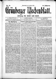 Gr&uuml;nberger Wochenblatt: Zeitung f&uuml;r Stadt und Land, No. 20. (14. Februar 1907)