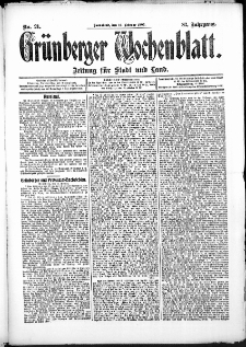 Gr&uuml;nberger Wochenblatt: Zeitung f&uuml;r Stadt und Land, No. 21. (16. Februar 1907)