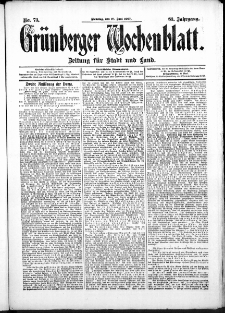 Gr&uuml;nberger Wochenblatt: Zeitung f&uuml;r Stadt und Land, No. 73. (18. Juni 1907)