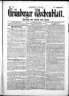 Gr&uuml;nberger Wochenblatt: Zeitung f&uuml;r Stadt und Land, No. 77. (27. Juni 1907)