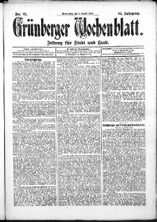 Gr&uuml;nberger Wochenblatt: Zeitung f&uuml;r Stadt und Land, No. 92. (1. August 1907)