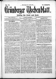 Grünberger Wochenblatt: Zeitung für Stadt und Land, No. 92. (1. August 1907)