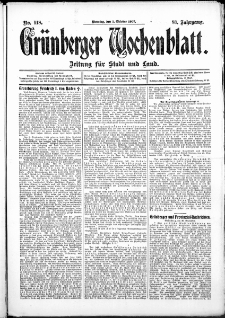 Gr&uuml;nberger Wochenblatt: Zeitung f&uuml;r Stadt und Land, No. 118. (1. Oktober 1907)