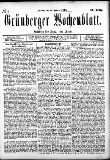 Gr&uuml;nberger Wochenblatt: Zeitung f&uuml;r Stadt und Land, No. 4. (8. Januar 1892)