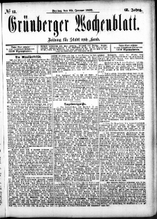 Gr&uuml;nberger Wochenblatt: Zeitung f&uuml;r Stadt und Land, No. 13. (29. Januar 1892)