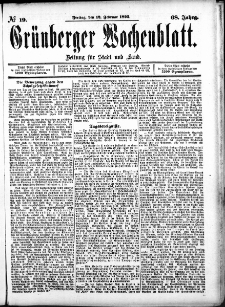 Gr&uuml;nberger Wochenblatt: Zeitung f&uuml;r Stadt und Land, No. 19. (12. Februar 1892)