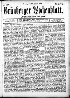 Gr&uuml;nberger Wochenblatt: Zeitung f&uuml;r Stadt und Land, No. 20. (14. Februar 1892)