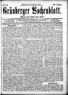 Grünberger Wochenblatt: Zeitung für Stadt und Land, No. 21. (17. Februar 1892)
