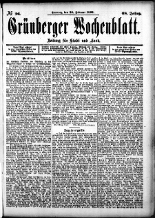 Gr&uuml;nberger Wochenblatt: Zeitung f&uuml;r Stadt und Land, No. 26. (28. Februar 1892)