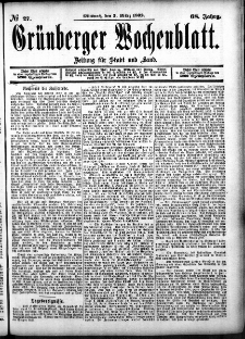 Gr&uuml;nberger Wochenblatt: Zeitung f&uuml;r Stadt und Land, No. 27. (2. M&auml;rz 1892)