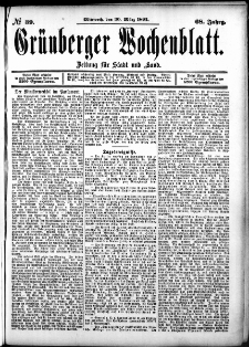 Grünberger Wochenblatt: Zeitung für Stadt und Land, No. 39. (30. März 1892)
