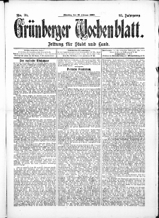 Gr&uuml;nberger Wochenblatt: Zeitung f&uuml;r Stadt und Land, No. 20. ( 16. Februar 1909 )