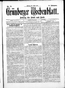 Gr&uuml;nberger Wochenblatt: Zeitung f&uuml;r Stadt und Land, No. 29. ( 9. M&auml;rz 1909 )