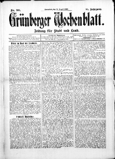 Gr&uuml;nberger Wochenblatt: Zeitung f&uuml;r Stadt und Land, No. 100. ( 21. August 1909 )
