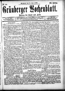 Grünberger Wochenblatt: Zeitung für Stadt und Land, No. 51. (27. April 1892)