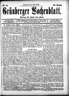 Gr&uuml;nberger Wochenblatt: Zeitung f&uuml;r Stadt und Land, No. 53. (1. Mai 1892)