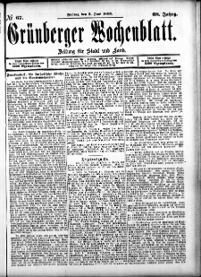 Grünberger Wochenblatt: Zeitung für Stadt und Land, No. 67. (3. Juni 1892)
