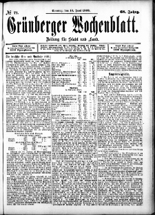 Gr&uuml;nberger Wochenblatt: Zeitung f&uuml;r Stadt und Land, No. 71. (12. Juni 1892)