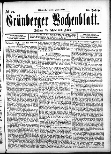Grünberger Wochenblatt: Zeitung für Stadt und Land, No. 72. (15. Juni 1892)