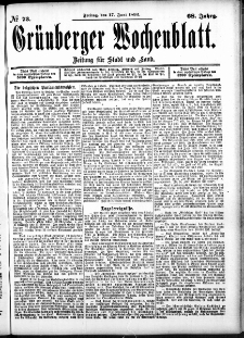 Grünberger Wochenblatt: Zeitung für Stadt und Land, No. 73. (17. Juni 1892)