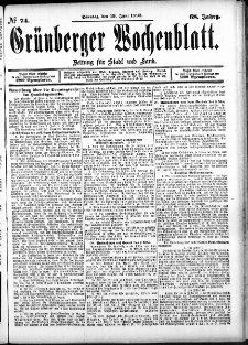 Gr&uuml;nberger Wochenblatt: Zeitung f&uuml;r Stadt und Land, No. 74. (19. Juni 1892)