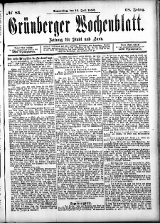 Grünberger Wochenblatt: Zeitung für Stadt und Land, No. 85. (14. Juli 1892)