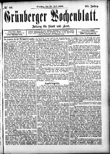 Gr&uuml;nberger Wochenblatt: Zeitung f&uuml;r Stadt und Land, No. 87. (19. Juli 1892)