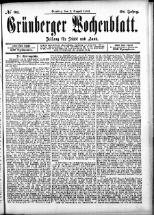 Gr&uuml;nberger Wochenblatt: Zeitung f&uuml;r Stadt und Land, No. 93. (2. August 1892)