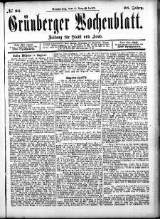 Grünberger Wochenblatt: Zeitung für Stadt und Land, No. 94. (4. August 1892)