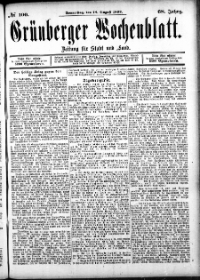 Grünberger Wochenblatt: Zeitung für Stadt und Land, No. 100. (18. August 1892)