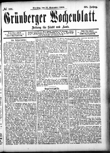 Grünberger Wochenblatt: Zeitung für Stadt und Land, No. 111. (13. September 1892)