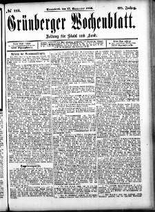 Gr&uuml;nberger Wochenblatt: Zeitung f&uuml;r Stadt und Land, No. 113. (17. September 1892)