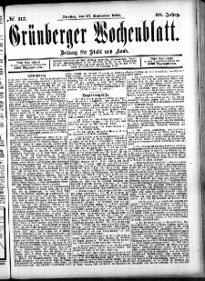 Grünberger Wochenblatt: Zeitung für Stadt und Land, No. 117. (27. September 1892)