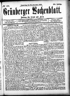 Gr&uuml;nberger Wochenblatt: Zeitung f&uuml;r Stadt und Land, No. 118. (29. September 1892)