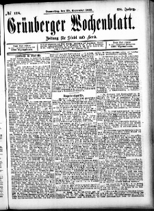 Grünberger Wochenblatt: Zeitung für Stadt und Land, No. 118. (29. September 1892)