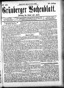 Grünberger Wochenblatt: Zeitung für Stadt und Land, No. 119. (1. October 1892)