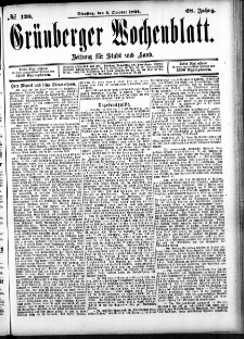 Gr&uuml;nberger Wochenblatt: Zeitung f&uuml;r Stadt und Land, No. 120. (4. October 1892)