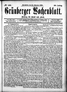 Grünberger Wochenblatt: Zeitung für Stadt und Land, No. 140. (19. November 1892)